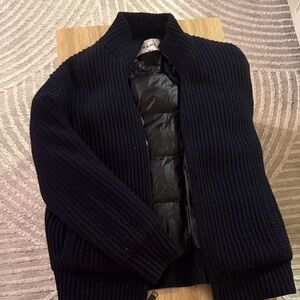 Frame Denim Men's Black Rib-Knit Zip-Up Jacket with Quilted Center Panel